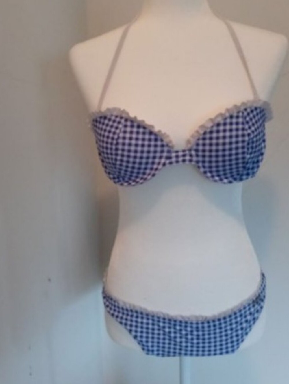 Vintage 2000s Blue White Gingham Ruffle Bikini Top Sz M